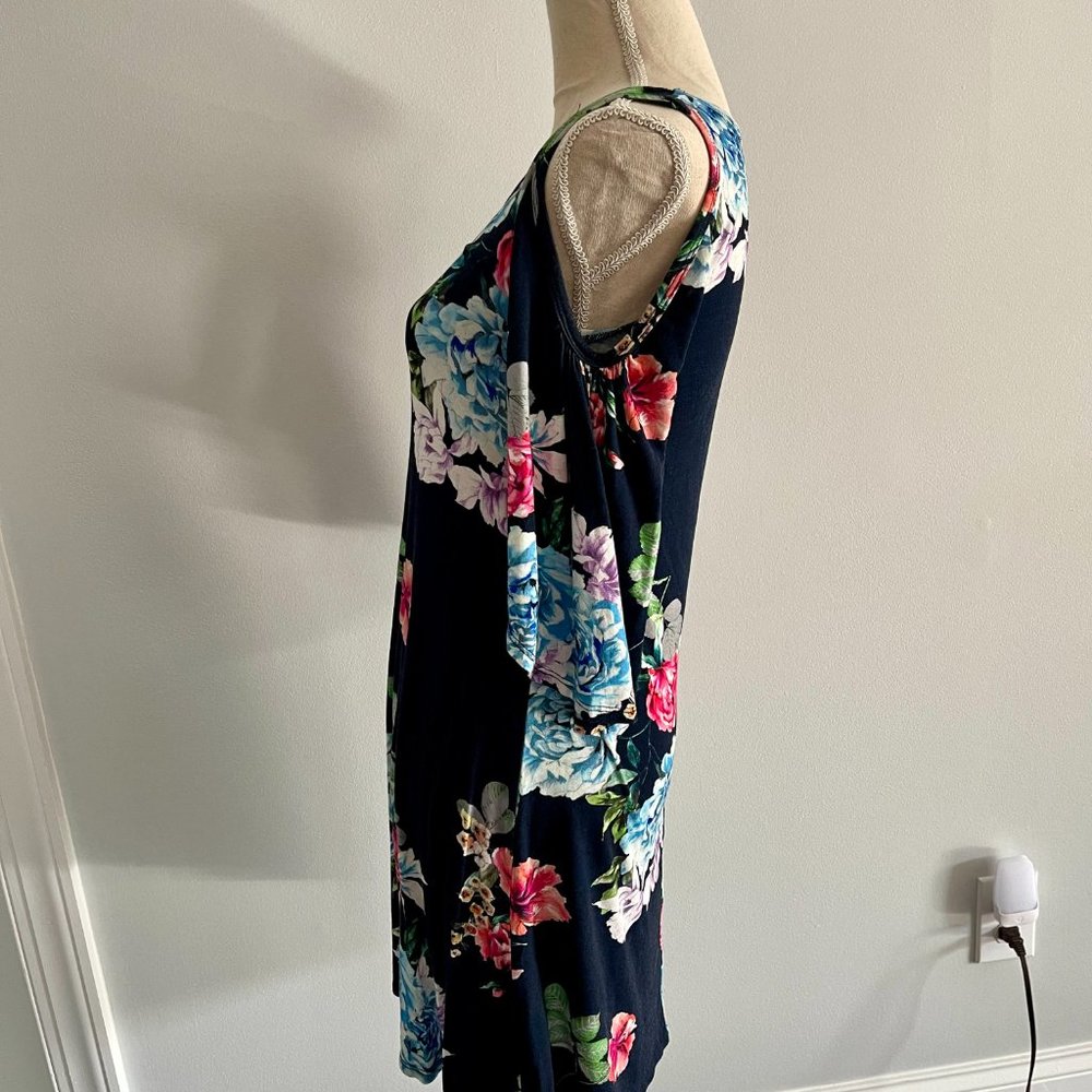 Karen Kane Dress Small Navy Blue Floral Cut Out Shoulders Bell Sleeves Midi Dres - Picture 5 of 6